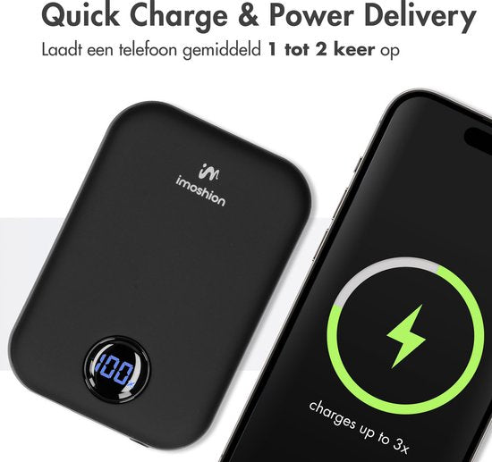 imoshion Powerbank 10000 mAh - Geschikt voor MagSafe - Snellader 22.5W - LED indicator - USB C & USB A - Draadloze Powerbank Geschikt voor iPhone 12/13/14/15/16 - Zwart