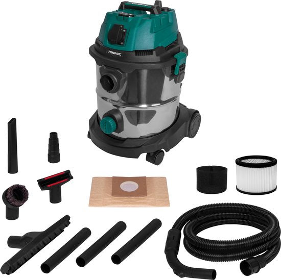 VONROC Nat- en droogzuiger / Stofzuiger - 1400W – Inschakelautomaat - Blaasfunctie – 20L RVS tank – 3m slang - 6m stroomkabel
