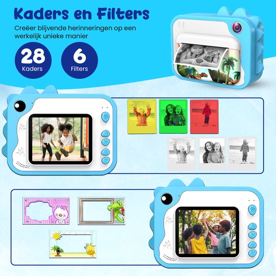 K&L® 3 IN 1 Digitale Kindercamera + Instant print + speelcamera - 32GB micro sd kaart - camera kinderen - Vlogcamera met games - Fototoestel voor Kinderen - Klein Formaat Speelgoed - Met videofunctie - Blauw