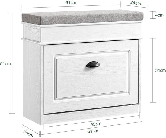 SoBuy FSR82-K-WG Schoenenkast entreebank – schoenenbank met toiletzitting en schoenenopbergkussen voor hal, woonkamer 61 x 24 x 51 cm, capaciteit 113 kg, wit antiek houteffect