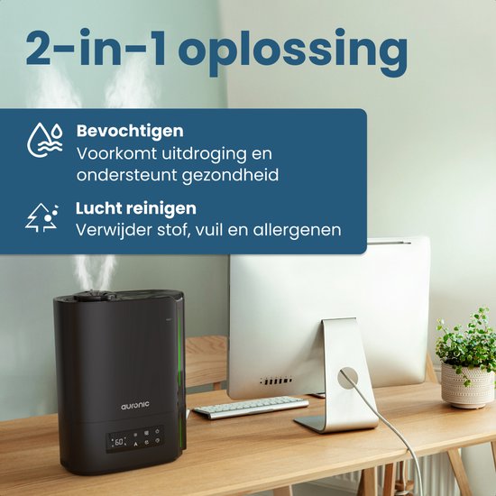 Auronic Luchtbevochtiger - 5 Liter - Geschikt voor Woonkamer, Kantoor, Slaapkamer, Babykamer en Meer - BPA-Vrij - Zwart