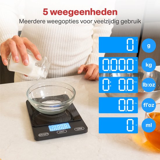 AoraKitchen Keukenweegschaal Digitaal - Usb Oplaadbaar - 1g tot 15kg - Precisie Weegschaal - Tarra