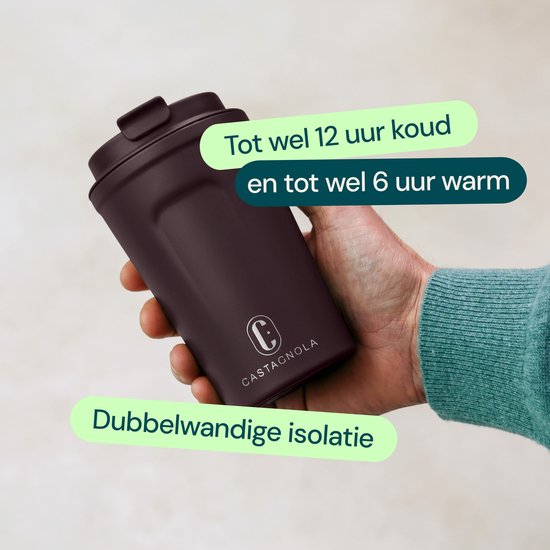 Castagnola Thermosbeker - Koffiebeker To Go - Travel Mug voor Koffie en Thee - Theebeker - 380 ML - RVS - Donkerbruin