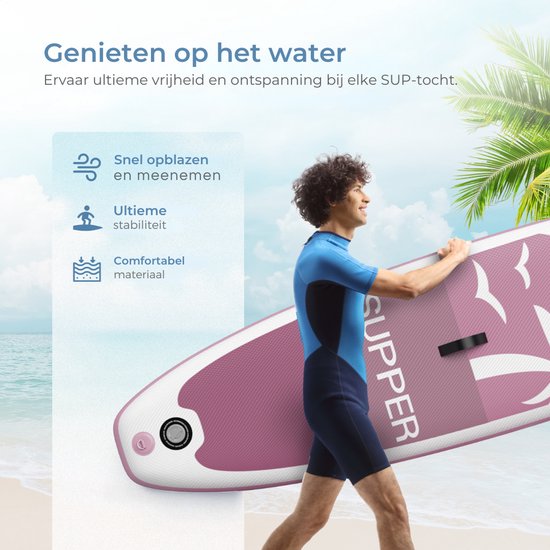 Supper Sup Board XL - Max. 220KG - Opblaasbaar – Paddle Board – Waterdicht Telefoonhoesje – Pomp – Vin – Leash – Draagtas – 335 x 81 cm - Roze