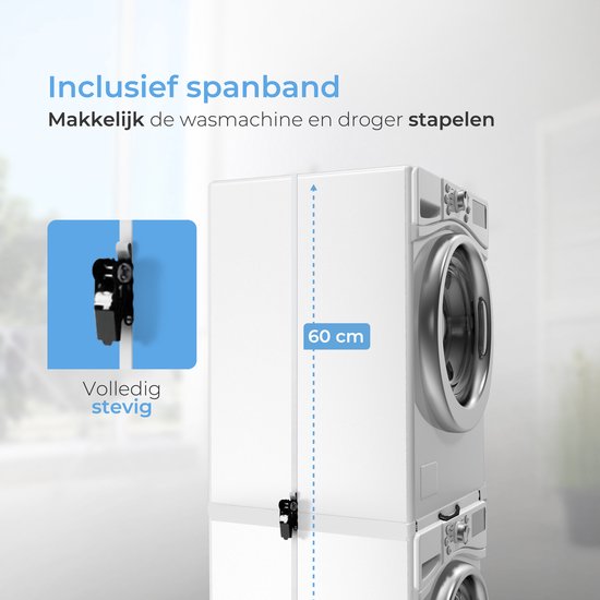 Skoov Tussenstuk voor Wasmachine & Droger - Stapelkit - Met uitschuifbare plank - Universeel - Droogkast - Meubel - incl. trildempers en spanband