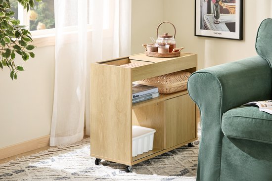 SoBuy FBT152-N Bijzettafel - Wood Composite met Schuifdeuren & Dienblad