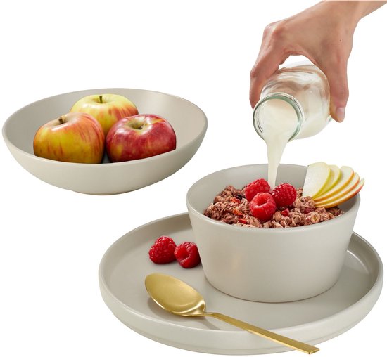 tectake® Serviesset Una - 24-delig - Aardewerk - 6 Persoons - Stijlvol en Duurzaam Servies - Bordenset met Grote en Kleine Borden, Kommen, Schaaltjes - Taupe