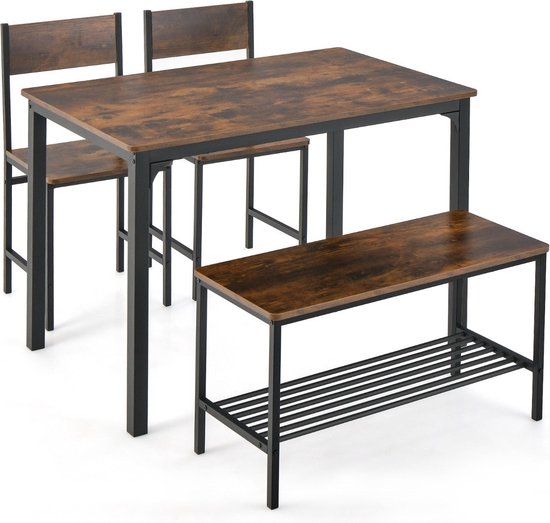 Coast 4-delige Eettafelset - keukentafel met 2 stoelen & 1 bank & plank - industriële eetgroep