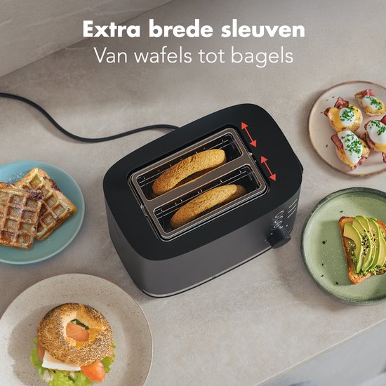 KitchenBrothers Broodrooster - Retro - Toaster - 6 Instelbare Warmteniveaus - 2 Extra Brede Sleuven - BPA-vrij - 870W - Zwart