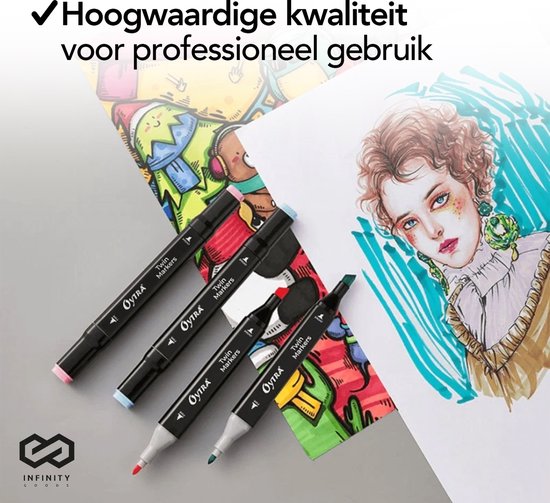 Infinity Goods Twinmarkers 168 Stuks - Professionele Alcohol Markers - Dubbelzijdige Tip - Stiften - Opbergtas Met Houder