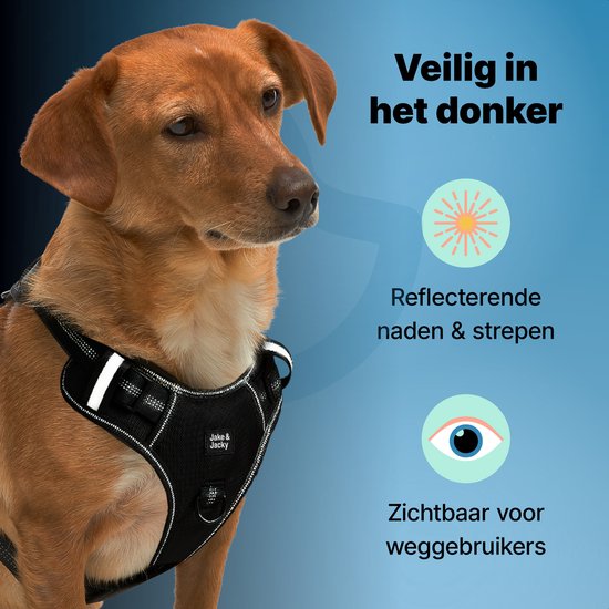 Jake en Jacky Hondentuigje - Anti-Trek Tuig - Hondenharnas - Y Tuig Hond - Reflecterend - Zwart - Maat S