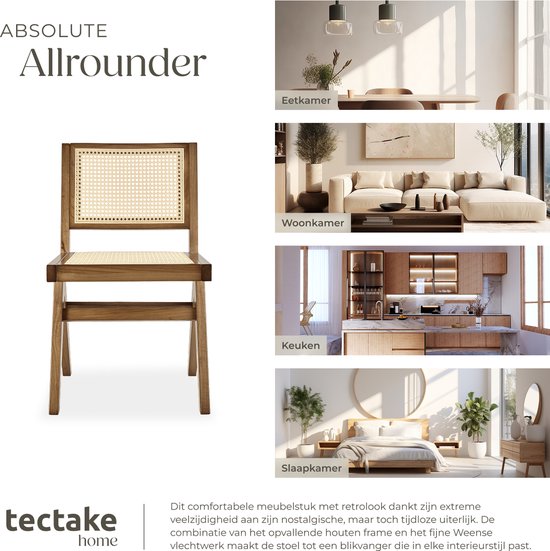 tectake® Houten Stoel Lizzy - Licht Eiken - Eetkamerstoel met Weens Vlechtwerk - Boho-Stijl Stoel met Rugleuning - Massief Houten Frame - Belastbaarheid 120 kg