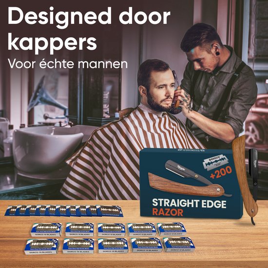 Barbiersmes met 200 Scheermesjes - Klassiek Open Scheermes - Barber Mes - Shavette - Straight Razor - Klapmes - Nekmes - Kappersmes