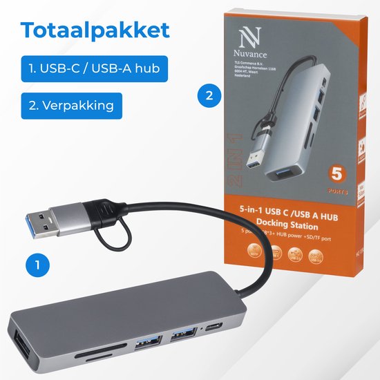 Nuvance - USB C Hub 3.0 - 5 Poorten - USB Splitter - USB C Dock - Micro SD Cardlezer USB C - Grijs