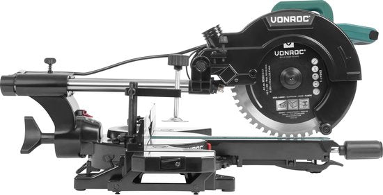 VONROC PRO afkortzaag - kapzaag - verstekzaag – 2200W - Ø255mm – Zaagt hout, kunststof en metaal – Instelbare snelheid – Zaagcapaciteit 340mm –Verstelbare tafelverbreders – Trekfunctie – Kantelbaar – Lengtestop - Incl. zaagblad, laser & LED