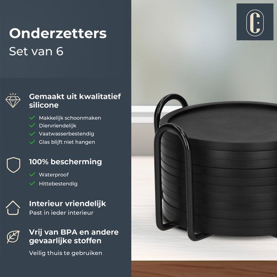 Castagnola Siliconen Onderzetters – Onderzetters voor Glazen – Design Onderzetters met Houder – Onderzettersset – Anti Slip - Set van 12 – Zwart