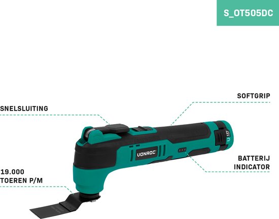 VONROC Accu Multitool 12V – met schraapmes, invalzaagblad, schuurzool en schuurpapier - Incl. Accu en usb-c kabel