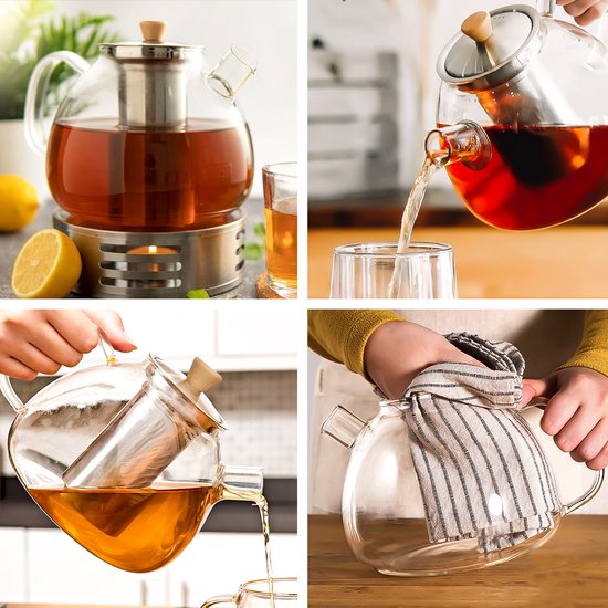 Deleca Glazen Theepot met Filter en Theelicht Warmhouder Set - Borosilicaat Glas - RVS Zeef - Kerst Cadeau - Voor Losse Thee / Theebloemen - 1.5L