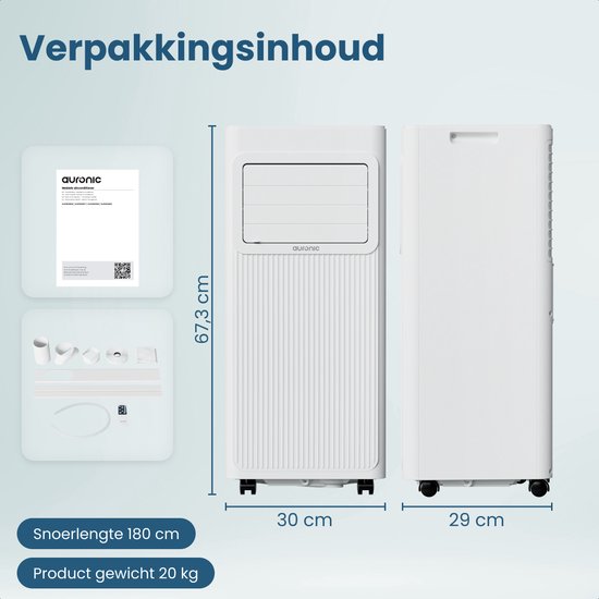 Auronic Mobiele Airco - 7.000 BTU - 3-in-1 - Airconditioning met 2 Raamafdichtingskits - Ventilator - Ontvochtiger - tot 20m² koelen - Wit