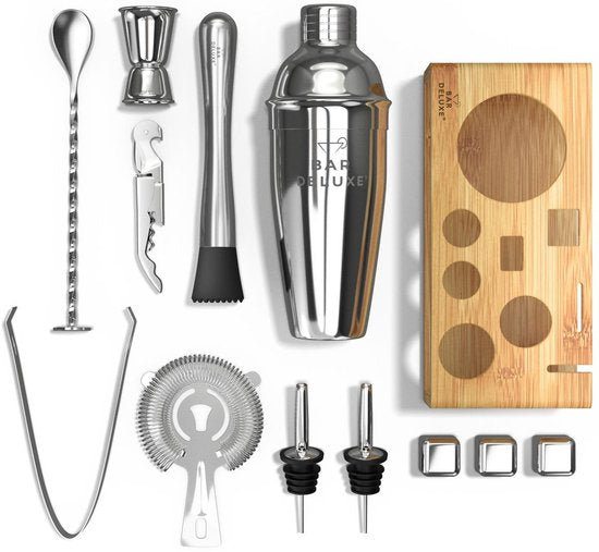 BarDeluxe® Cocktail Set - 13-Delig - Cocktailshaker 750 ml met Bamboe Standaard, Receptenboek & Whiskey Stones - Luxe Cadeauverpakking