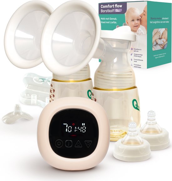 Qwali comfort flow Elektrische draadloze Borstkolf - BPA vrij - incl. 2 Melkflesjes -