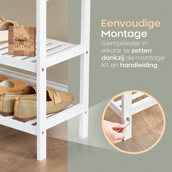 O'DADDY® Schoenenrek - Schoenenbank - Halbank - Schoenenkast - Schoenen Opbergsysteem - Schoenen kast - 3 Laags - Voor 12 Paar - Multifunctioneel Rek - Bamboe - Wit - 70 x 28 x 45 cm