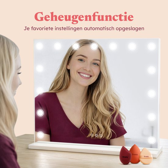 Fraay® Hollywood Spiegel met Verlichting 60x50cm - 3 Lichtstanden - Make Up Spiegel met 10x Vergrootspiegel - LED Dots Verlichting Dimbaar - Incl. 2 Beauty Blenders en Powder puff