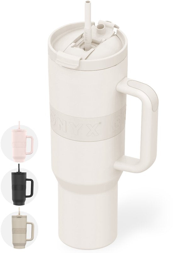 ONYX Drinkfles met Rietje 1 Liter - Waterfles voor Kinderen & Volwassenen - Thermosbeker RVS Travel Mug - Motiverende Drinkbus - Drinkbeker voor School - Coco White