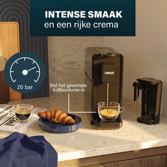 Princess Capsule Koffiemachine met Melkopschuimer - 249455 – Geschikt voor Nespresso – 20 Bar – Espresso, Cappuccino & Latte – Compact – Automatisch Melksysteem - 1400 W