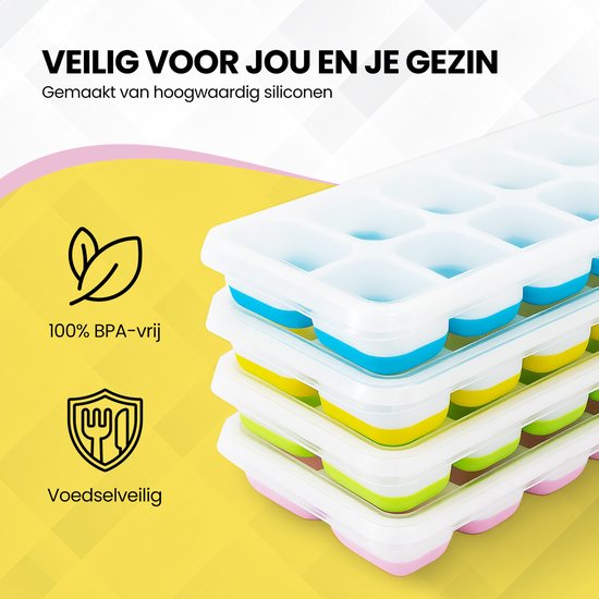 TTD® Siliconen IJsblokjesvorm met Deksel - Set van 4 - 14 x 4 IJsblokjes - Stapelbaar - BPA Vrij - IJsblokjes Zijn Makkelijk uit te Drukken