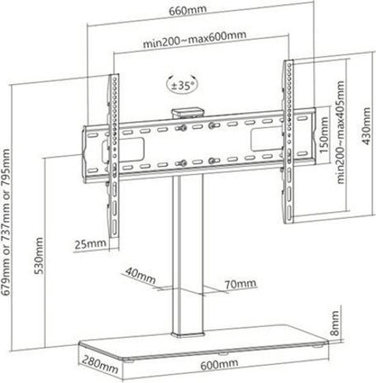 VDD Gaming TV standaard - Verstelbaar 67 cm tot 79 cm Hoog - Zwart - 28x66x79cm
