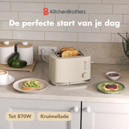KitchenBrothers Broodrooster – 6 Warmtestanden – 870 W – 14 x 3,6 cm – Beige