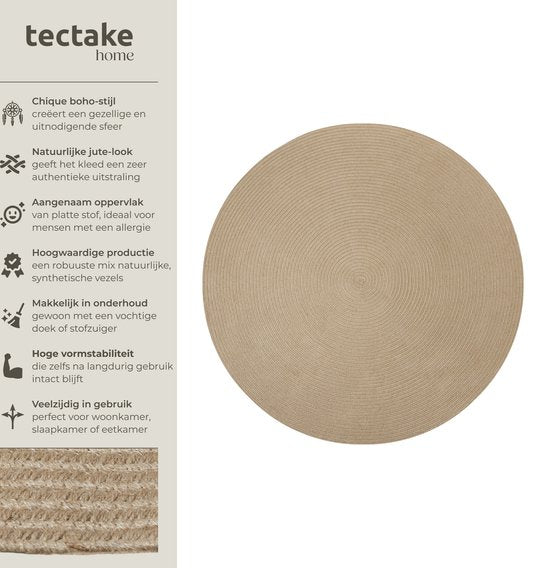 tectake® Gevlochten vloerkleed - Boho-stijl - Jute vloerkleed voor binnen en buiten - Duurzaam en onderhoudsvriendelijk - Vormvast en allergievriendelijk - Rond tapijt - Ø160 cm