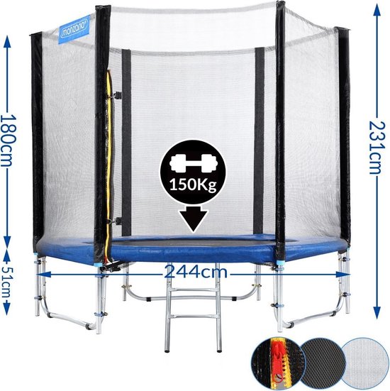 MONZANA Trampoline - 244cm Veiligheidsnet Ladder - Zwart Blauw