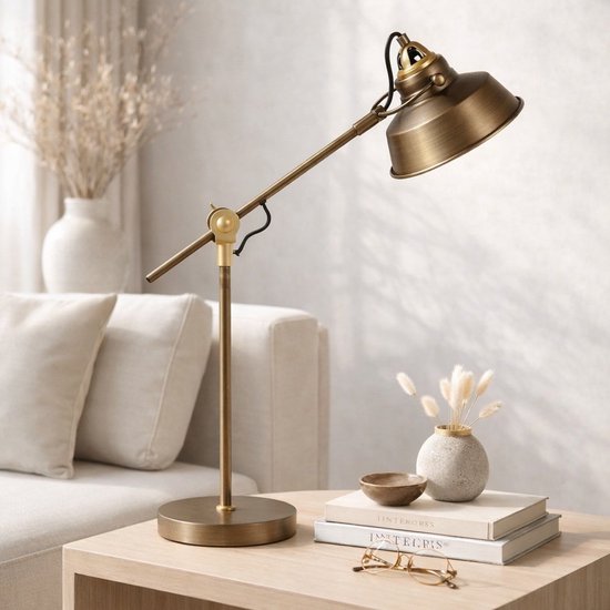 Bronzen industriële tafellamp Nove 1321BR van Mexlite, 67 cm hoog, met E27 fitting en draaibaar-kantelbaar ontwerp, ideaal voor binnengebruik