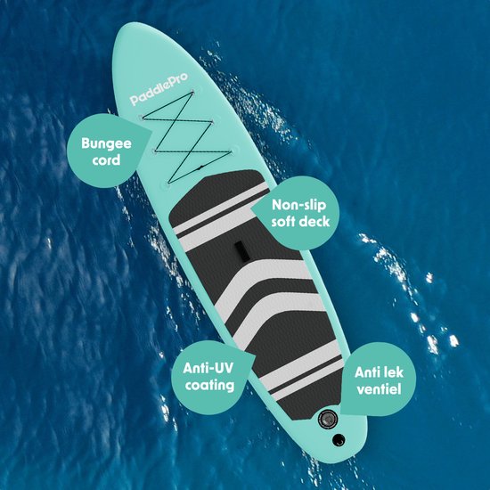 LifeGoods PaddlePro SUP Board - Opblaasbaar Paddle Board - Complete Set - Max. 150KG - 320x81cm - Pastelgroen