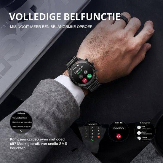 Maoo Titan AMOLED Smartwatch Heren – 45 mm – Stainless Steel & 2 TPU Bandjes – Multisport – Hartslagmeter, Slaapmonitor & Stappenteller – iOS/Android – Zwart