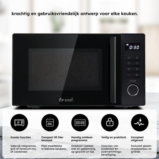 Combi Magnetron – 25L – Combimagnetron Vrijstaand – Grill en Hetelucht Functie – 10 kookprogramma's – Digitale Timer en Kinderslot – 900W – Zwart – Saaf