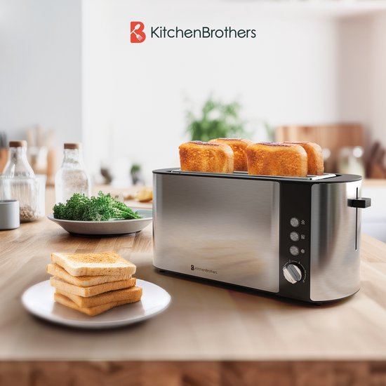 KitchenBrothers Broodrooster - Toaster - 6 Warmteniveaus - 2 Extra Lange Sleuven - 1520W - RVS/Zwart