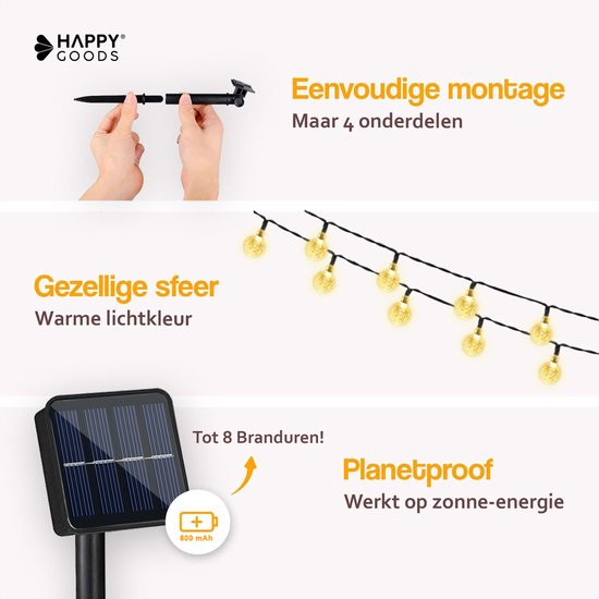 Happy Goods - kerstverlichting - 7m - 50 solar LED - Tuinverlichting op zonne-energie - Solar tuinverlichting - crystal lampjes ø 2,5 cm - Duurzaam