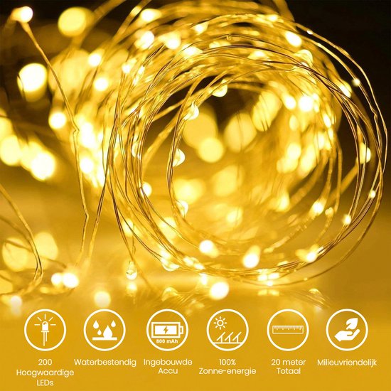 Happy Goods Solar Tuinverlichting op Zonneenergie - 200 LED Lichtsnoer Buiten - 20 m - Fairy Lights - Buitenverlichting Lichtslinger - Lichtsnoeren