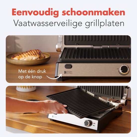 KitchenBrothers Contactgrill Deluxe - Tosti Apparaat - Grill Apparaat - Uitneembare Grillplaten - Panini Grill - 5 hoogtestanden - Croque Monsieur Toestel - 2000W - RVS