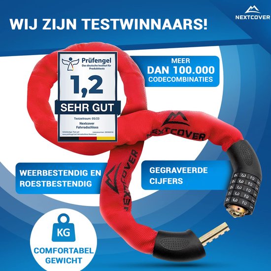 NEXTCOVER® Cijferslot Fietsslot - Het origineel - [SAFESECURE] Hoge veiligheid - Fietssloten met 5-cijferige cijfercode, cijferslot fiets staal - Fietsslot perfect voor e-bike - Kettingslot Rood