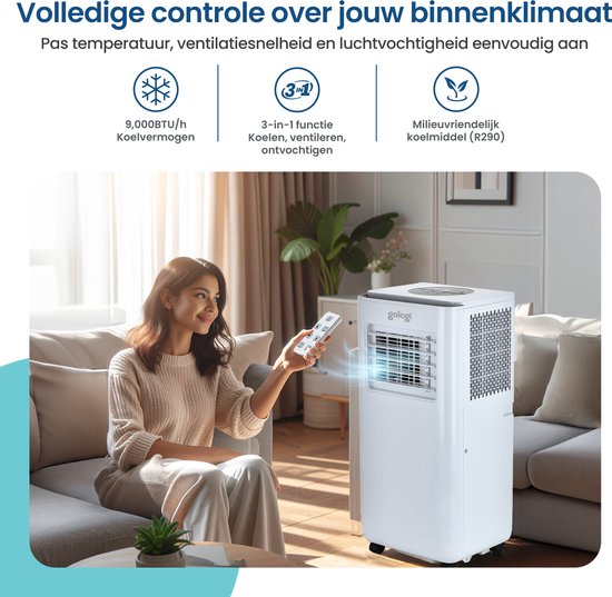Gologi 3-in-1 Mobiele Airco - Aircooler met Wifi en App - 9.000 BTU/h - Met Raamafdichtingskit - Inclusief Afstandsbediening – Geschikt voor Slaapkamer - Wit