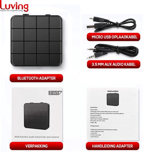 Luving™ - Bluetooth Transmitter & Receiver - Bluetooth Zender - Bluetooth Ontvanger - Audio-ontvanger - Handsfree Bellen