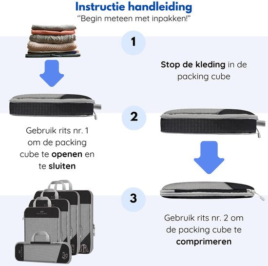 Hilvard - Packing Cubes Set - 6 delig - Bagage organizers - Kleding organizers - Travel cubes - Compression cubes - Zwart