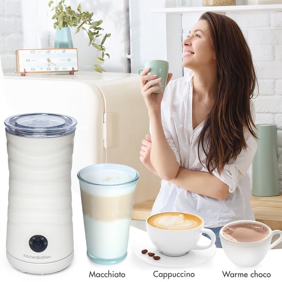 KitchenBrothers Elektrische Melkopschuimer - 4-in-1 - Melkklopper - 240 ML - Handige Melkschuimer - Wit