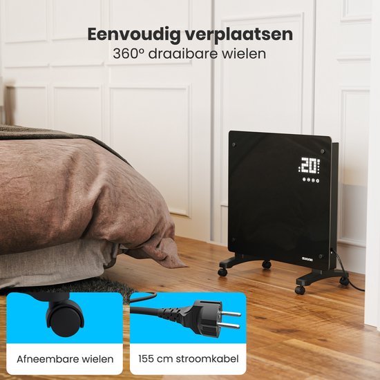 Auronic Elektrische Kachel – Convectorkachel Met Thermostaat en Afstandsbediening - Glazen Paneelverwarming - 1000W Heater - Zwart