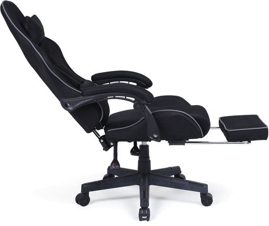 VDD Gaming - Gamestoel met massagefunctie en voetsteun - Gaming chair in de kleur Zwart - Game stoel met nekkussen & verstelbaar rugkussen - Ergonomische bureaustoel met padded armsteunen - Max draagvermogen 150 kg - Verstelbare ruggensteun