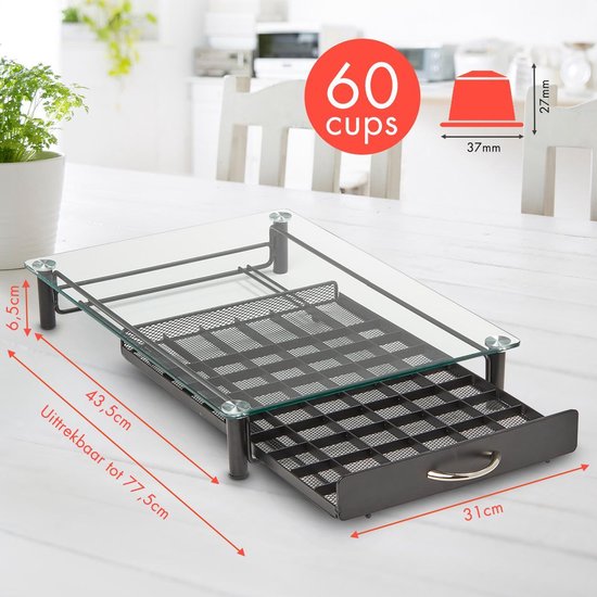 KitchenBrothers Capsulehouder - met Lade - Nespresso - 60 Cups - Glas - RVS/Zwart